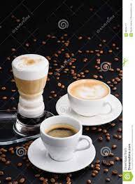 Cappuccino Americano And Latte In One Photo On A Black Background Stock Image Image Of Americano Coffee 86554117