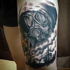 Application skull with gas mask tattoo. Left Thigh Grey Ink Gas Mask Tattoo Gas Mask Tattoo Tattoo Designs Men Mask Tattoo