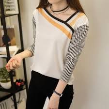 Cheap Xianyuansu Kaos Wanita Trendi Lengan Panjang Motif Salur Kerah Miring Warna Putih 174 Putih Kualitas Memuaskan Xianyuansu Kaos Kaos Wanita Wanita Kaos