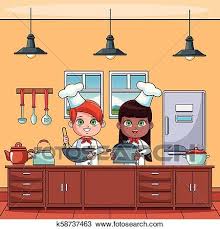 Download these kitchen clipart background or photos and you can use them for many purposes, such as banner, wallpaper, poster background as well as powerpoint background and website background. Chef Kids At Kitchen Clipart K58737463 Fotosearch