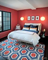 Loving The Color Scheme Especially That Rug Navy Coral Bedroom Rug Color Decorating Red Bedroom Design Bedroom Red Eclectic Bedroom Design