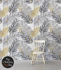 Tropical Gold Leaves Removable Wallpaper Palm Leaf Wall Etsy Palm Wallpaper Temporary Wallpaper Removable Wallpaper