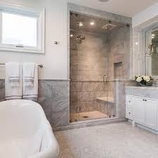 Large Gray Marble Tiles On Bottom Half Of Bathroom Walls Grey Marble Bathroom Marble Tile Bathroom White Marble Tile Floor