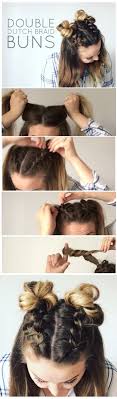 A bun is a type of hairstyle in which the hair is pulled back from the face, twisted or plaited, and wrapped in a circular coil around itself, typically on top or back of the head or just above the neck. Double Dutch Braid Buns Half Up Hairstyle Cassie Scroggins