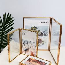 مطوية الوجهين الزجاج إطار صور معدني النباتية عينة حامل مطلي الذهب المغطاة عرض موقف Diy Photo Frames Glass Photo Frames Glass Photo