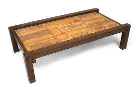 Mid century modern ceramic tile scandinavian coffee table, side table. French Wood And Ceramic Coffee Table