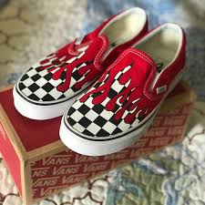 Black And White Checkered Vans With Red Flames Vans Classic Slip On Checkered Flame Racing Red Red Checkered Vans Vans Vans Slip On Checkered