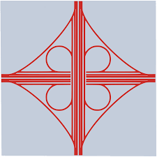 In the form of the leaf of a clover plant; Cloverleaf Interchange Wiktionary