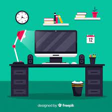 Classic, farmhouse, cottage, rustic, glam, industrial, art deco Free Vector Colorful Office Desk With Flat Design