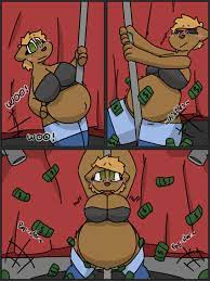 anthro belly dancer belly inflation big belly big breasts blush  bodily fluids bra breasts cheering closed eyes clothed clothing cum dancing  distressed female female only freckles genital fluids green