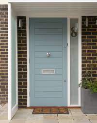 What are some of the most reviewed products in steel doors? Modern Style Light Blue Front Door With Steel Hardware Mail Slot Brick Walls White Trim Contemporary Front Doors Door Design Door Design Modern