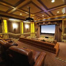 I Like The Look Of This Room Sofa Couch In Front Raised Platform With Theatre Chairs Love The Brown Rustic Home Cinemas Home Theater Furniture Home Theater