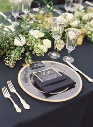 Black And Gold Wedding Table Settings Black White Gold Outdoor Glam Wedding Wedding Table Settings Wedding Table Menus Black Gold Wedding