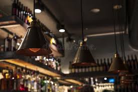 Pendant light modern lighting with led bulb, wood pattern ceiling hanging lamp. Vintage Dark Lamps Hanging On The Ceiling Of A Restaurant Bar On A Dark Background Stock Photo Image Of Interior Illumination 170202820