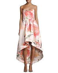 Parker Black Roxanne Strapless Floral Satin High Low Gown Pink High Low Gown High Low Evening Dresses Floral Evening Gown