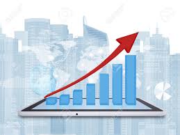 Tablet Pc And Growth Chart On Screen Tablet World Map Skyscrapers