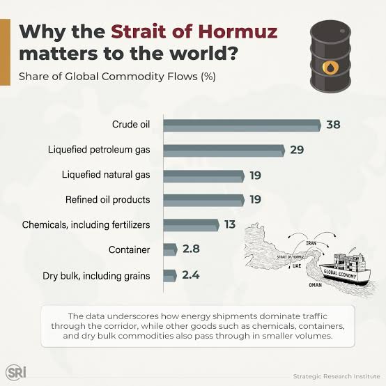 This infographic illustrates the strategic significance of the Strait of  Hormuz in global trade, highlighting its dominant role in energy  transportation. A substantial proportion of global crude oil (