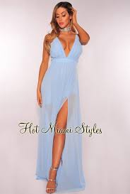 Sky Blue Crisscross Back High Front Slit Maxi Dress