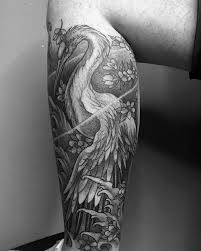 Black And White Japanese Tattoo Leg Sleeve 60 Crane Tattoo Designs For Men Masculine Bird Ink Ideas In 2020 Crane Tattoo Tattoo Designs Men Tattoos For Guys