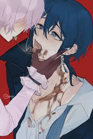 jeanne (vanitas no carte), vanitas (vanitas no carte), vanitas no carte,  absurdres, highres, 1boy, 1girl, after kiss, aru fid0, assertive female,  bishounen, blood, blue eyes, blue hair, blush, collarbone, ear piercing,  earrings,
