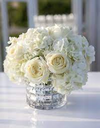 Ivory Rose And Hydrangea Low Centerpieces Flower Centerpieces Wedding Hydrangea Centerpiece Wedding Low Wedding Centerpieces