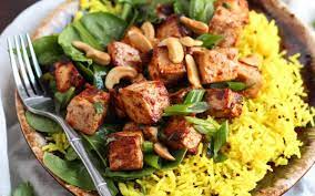 Masala Baked Indian Tofu With Turmeric Rice Vegan Tofu Dishes Spinach Recipes Indian Food Recipes
