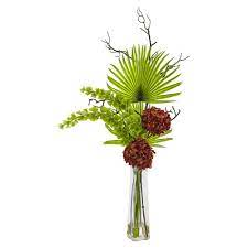 Hydrangea Bells Of Ireland And Palm Frond Arrangement In Glass Vase Nearly Natural Artificial Floral Arrangements Artificial Flowers Hydrangea