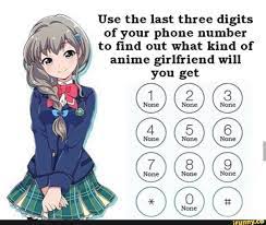 A Use The Last Three Digits Of Your Phone Number To Find Out What Kind Of Anime Girlfriend Will You Get Anime Memes Funny Stupid Funny Memes Anime Memes Otaku