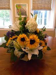 Flower Arrangement With Sunflowers Bells Of Ireland Hydrangea Lillies Protea By Holly Peach Flower Arrangements Flowers Floral Arrangements