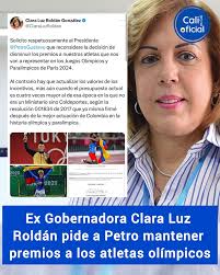 La exgobernadora del Valle del Cauca, Clara Luz Roldán, hizo un llamado al  presidente Gustavo Petro desde su cuenta en X, solicitándole reconsiderar  la decisión de reducir los premios para los atletas