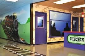 Use The Words Check In Tickets Sold Here All Aboard Or Kash S Train Depot For Signage For The Bar Or Fa Worlds Of Wow Train Theme Church Themed Environments