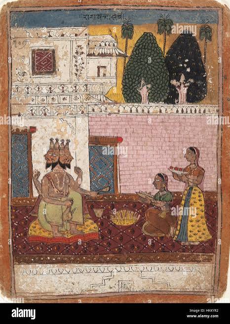Rajasthani miniature painting from Rajasthan, India. Probably late 19th century or early 20th century. Upper class people sitting in a garden pergola enjoying entertainers one who appears to be throwing something into
