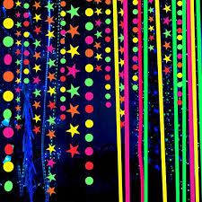 Turn out the lights, flip on a black light and see what glows! Black Light Party Supply Zalalova 135 6ft Black Light Neon Star Circle Dots Tapes Banner Hanging Decorations Glow In The Dark Reactive Uv Light For Party Birthday Halloween Night Decorations 9 Pack