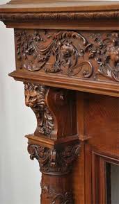 Antique Walnut Fireplace With Grotesques And Lions Heads Decoration Ornamental Wood Carving Antiques Decor