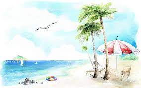 Art Drawing Romantic Scene Of The Seasons Romantic Dreamy Tropic Beach Illustration Painting 22 Beach Illustration Watercolor Art Diy Beach Drawing