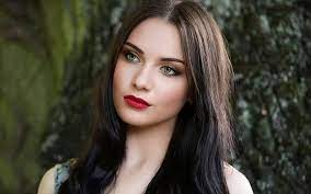 The brightness of this red was pretty shocking at first. Hd Wallpaper Women Long Hair Makeup Red Lipstick Dark Hair Green Eyes Wallpaper Flare