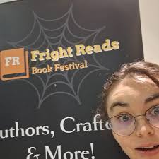 We have landed at Halfway to Halloween by @frightreadsbookfest! Swing by  anytime to chat books, but especially be here at 5 for a panel