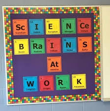 Science Bulletin Board Using The Periodic Table States Science Brains At Work Science Bulletin Boards Science Classroom Decorations Chemistry Bulletin Boards