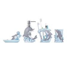 Kids zone home linen 16pc bathroom accessory set non slip bath mat non slip contour mat toilet lid cover and shower curtain with roller hooks royal blue 4 5. Modona Dolphin 4 Piece Kids Bathroom Accessories Set Bs Df A The Home Depot