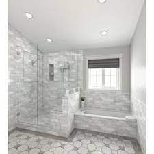 Classic marble tile contrasts with a pure white porcelain freestanding tub, while dark gray curtains and silver accent table give depth and richness. Pin On Park Place Bathrooms