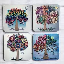 Tree Art Coasters Blossom Tree Gift Rainbow Tree Season Etsy Tree Art Rainbow Tree Button Tree Art