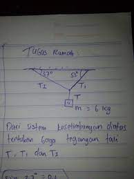 Sebuah benda masanya 10 kg digantung dengan 2 tali t1 dan t2. Tentukan Gaya Tegangan Tali T T1 T2 Brainly Co Id