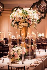 Wedding Reception Flower Chandelier Greenery Tall Gold Centerpiece White Pink Flowers Taper C Tall Flower Arrangements Reception Centerpieces Tall Centerpieces