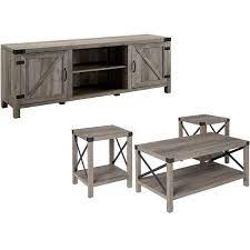 Farmhouse coffee table set (free shipping). 4 Piece Barn Door Tv Stand Coffee Table And 2 End Table Set In Rustic Gray Oak Walmart Com Walmart Com