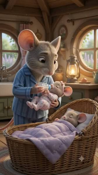A Father's Lullaby: Father Mouse Cradles & Feeds Baby in Storybook Cottage, ​Description: A tender 3D Pixar/storybook-style character animation set in a warm, rustic tree-hollow cottage where a ...