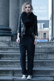 H M Leather Oversized Biker Jacket Black H M Wide Legged Baggy Boyfriend Oversized Pinstripe Trousers Black Converse All Stars Casual Casual Outfits Fashion