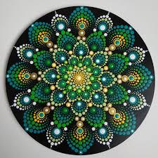 Green Mandala On Wood 20 Cm Dot Painting Mandala Painted Rocks Dot Art Painting