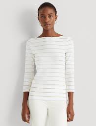 Lauren Ralph Lauren Metallic Striped Cotton Boatneck Top White Gold Metal 79 Boozt Com