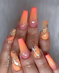 Ombre Nails Cute Nail Colors Orange Yellow Pink Gold Glitter Long Coffin Nails In 2020 Ombre Acrylic Nails Pretty Acrylic Nails Coffin Nails Designs