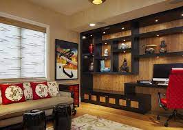 The design has glass cabinets and glass shelves with a wood frame. A Showcase Of 15 Modern Living Room Designs With Asian Influence Home Design Lover